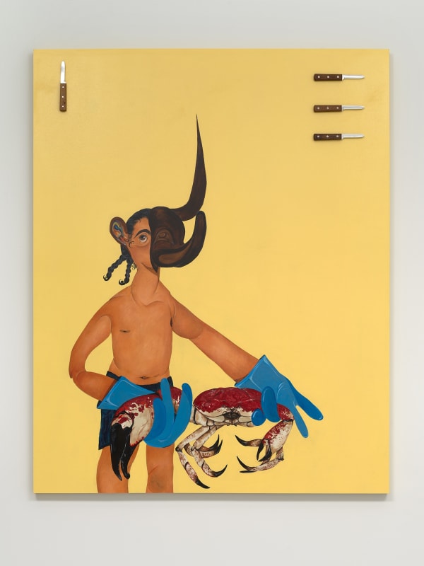Bony Ramirez Jaiba, 2022 Acrylic, color pencil, soft oil pastel, oyster knives , Bristol paper on wood panel 60 x 48 inches