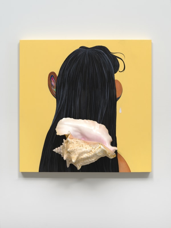 Bony Ramirez The Oceans Calling, 2022 Acrylic, color pencil, soft oil pastel, sea conch, Bristol paper on wood panel 20 x 20 inches